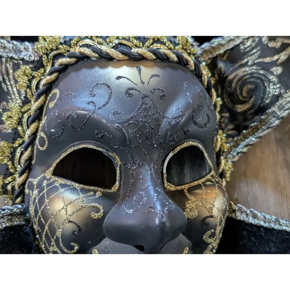 NEW! TOOMEY'S Mardi Gras HANDMADE JESTER Mask Full Face Black Gold Party